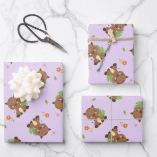 Pastel purple cute brown hedgehog pattern wrapping paper sheet