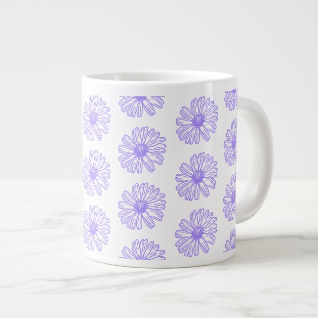 Pastel Purple Daisy Flower Print, Hippie Floral Large Coffee Mug (Front Right)