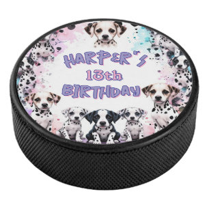Pastel Purple Dalmatian Puppy Watercolor Birthday Hockey Puck