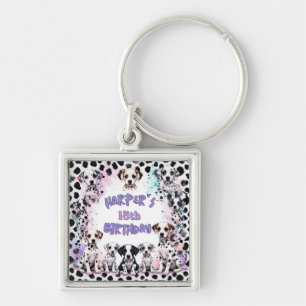 Pastel Purple Dalmatian Puppy Watercolor Birthday Key Ring