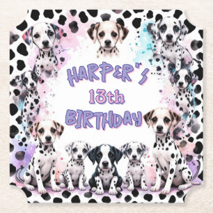 Pastel Purple Dalmatian Puppy Watercolor Birthday Paper Coaster
