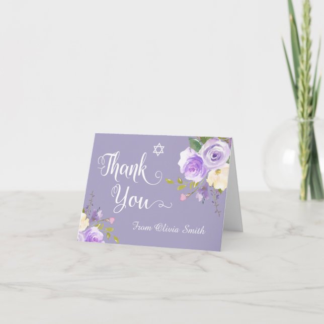 Pastel Purple Floral Bat Mitzvah Thank You Card (Front)