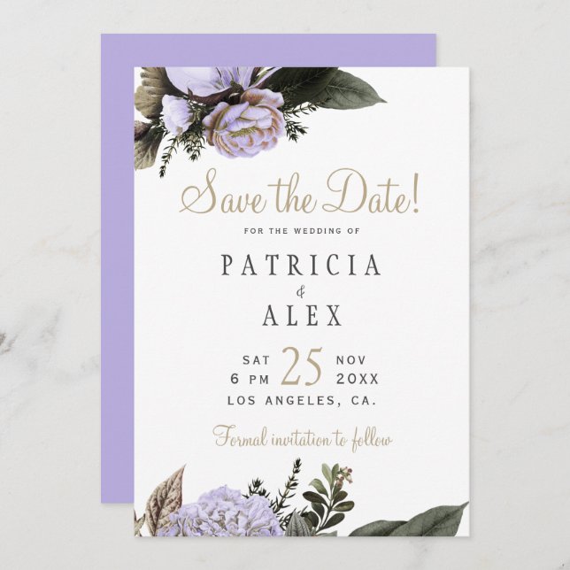 Pastel purple floral elegant wedding save the date (Front/Back)