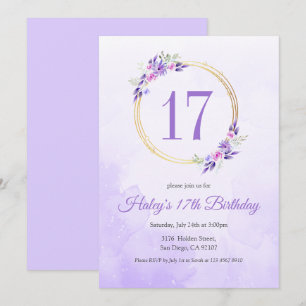 Pastel Purple Floral Golden Wreath 17th Birthday Invitation