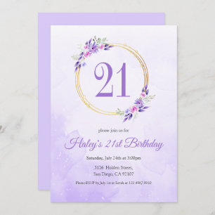 Pastel Purple Floral Golden Wreath 21st Birthday Invitation