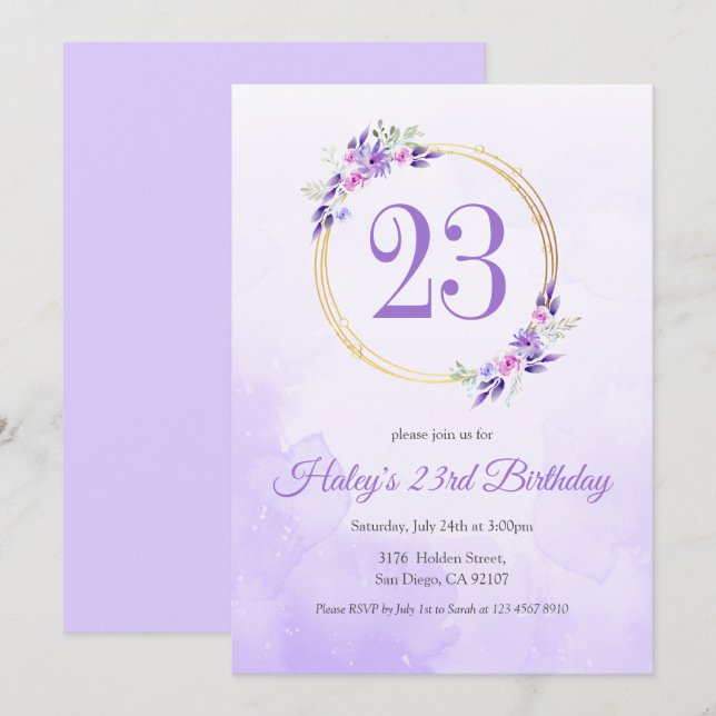 Pastel Purple Floral Golden Wreath 23rd Birthday Invitation (Front/Back)