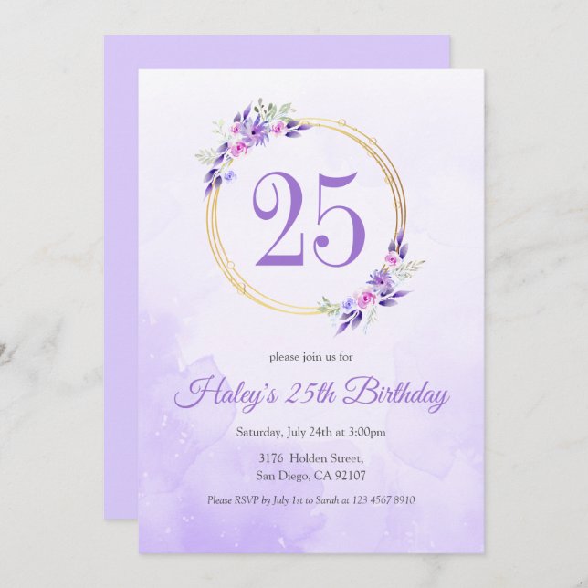Pastel Purple Floral Golden Wreath 25th Birthday Invitation (Front/Back)
