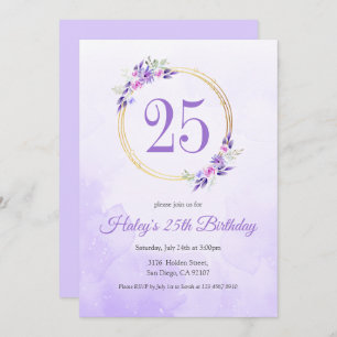 Pastel Purple Floral Golden Wreath 25th Birthday Invitation