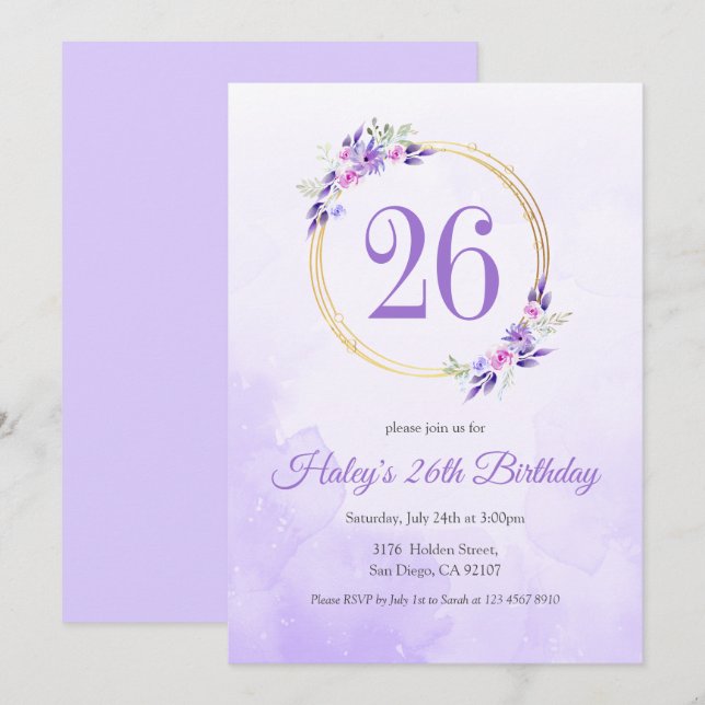 Pastel Purple Floral Golden Wreath 26th Birthday Invitation (Front/Back)