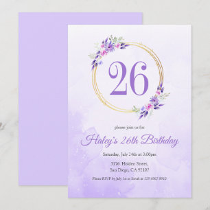 Pastel Purple Floral Golden Wreath 26th Birthday Invitation