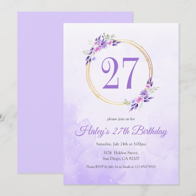 Pastel Purple Floral Golden Wreath 27th Birthday Invitation (Front/Back)