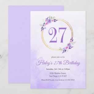 Pastel Purple Floral Golden Wreath 27th Birthday Invitation