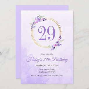 Pastel Purple Floral Golden Wreath 29th Birthday Invitation