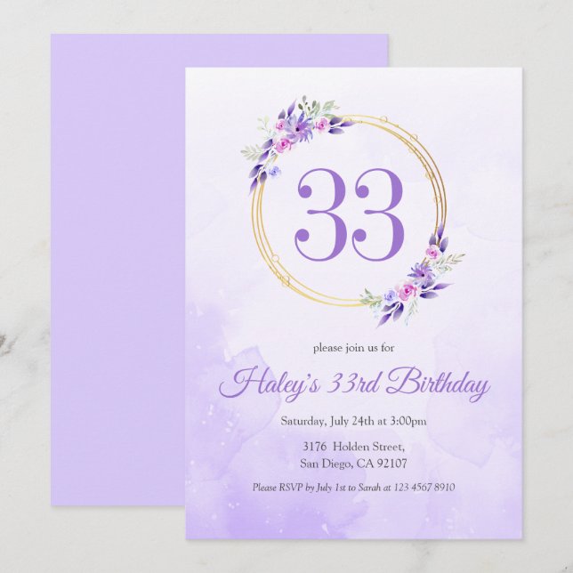 Pastel Purple Floral Golden Wreath 33rd Birthday Invitation (Front/Back)