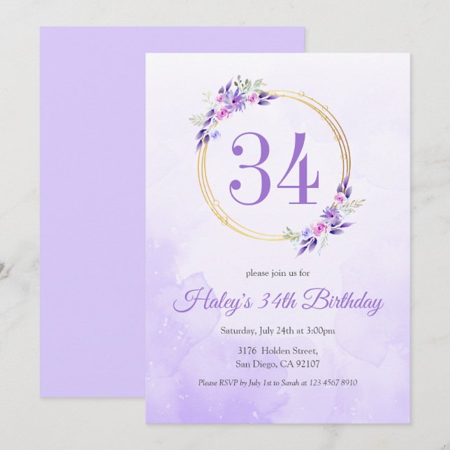Pastel Purple Floral Golden Wreath 34th Birthday Invitation (Front/Back)