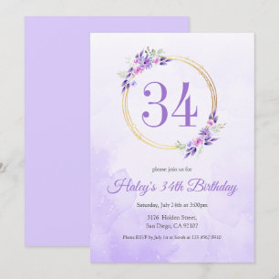 Pastel Purple Floral Golden Wreath 34th Birthday Invitation