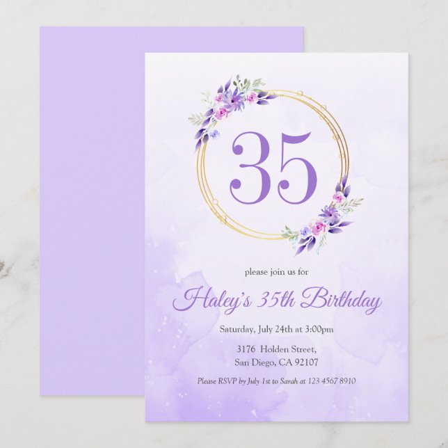 Pastel Purple Floral Golden Wreath 35th Birthday Invitation (Front/Back)