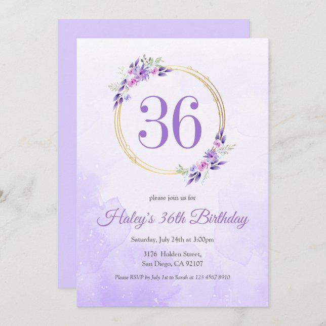 Pastel Purple Floral Golden Wreath 36th Birthday Invitation (Front/Back)