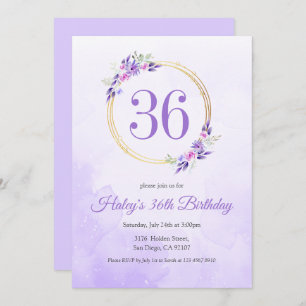 Pastel Purple Floral Golden Wreath 36th Birthday Invitation