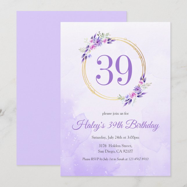 Pastel Purple Floral Golden Wreath 39th Birthday Invitation (Front/Back)