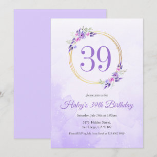 Pastel Purple Floral Golden Wreath 39th Birthday Invitation