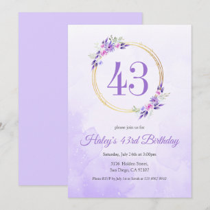 Pastel Purple Floral Golden Wreath 43rd Birthday Invitation