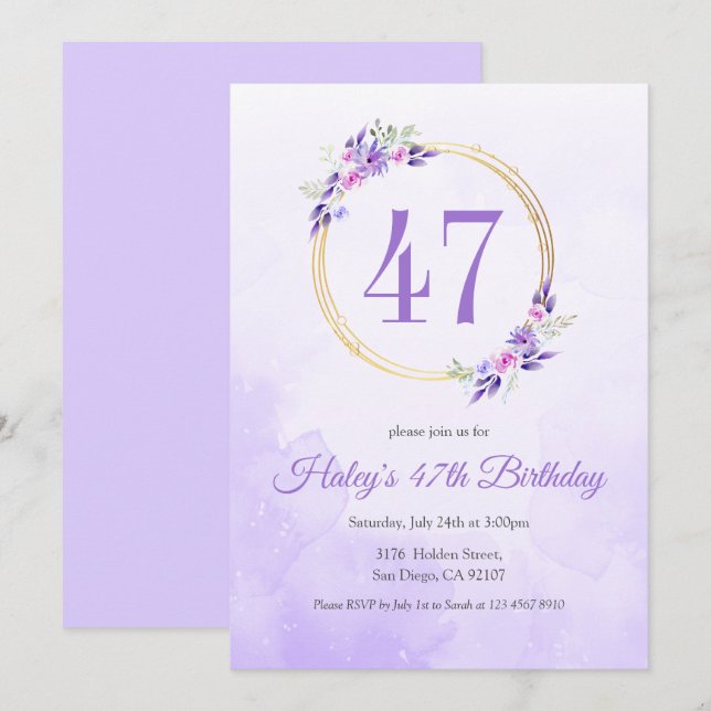 Pastel Purple Floral Golden Wreath 47th Birthday Invitation (Front/Back)