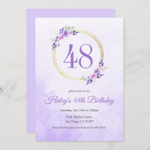 Pastel Purple Floral Golden Wreath 48th Birthday Invitation