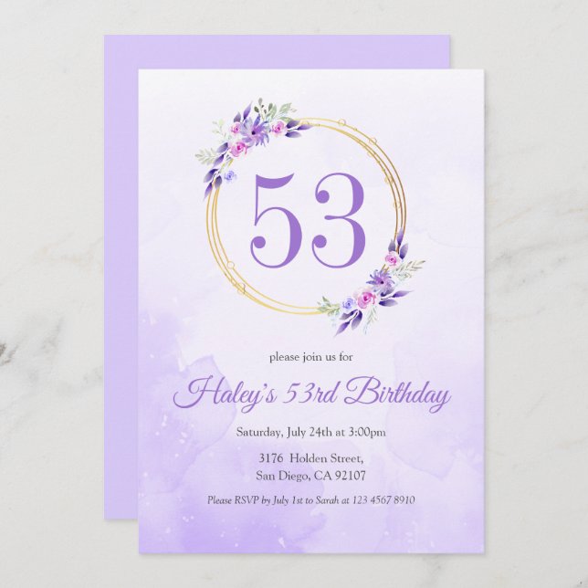 Pastel Purple Floral Golden Wreath 53rd Birthday Invitation (Front/Back)