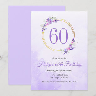 Pastel Purple Floral Golden Wreath 60th Birthday Invitation