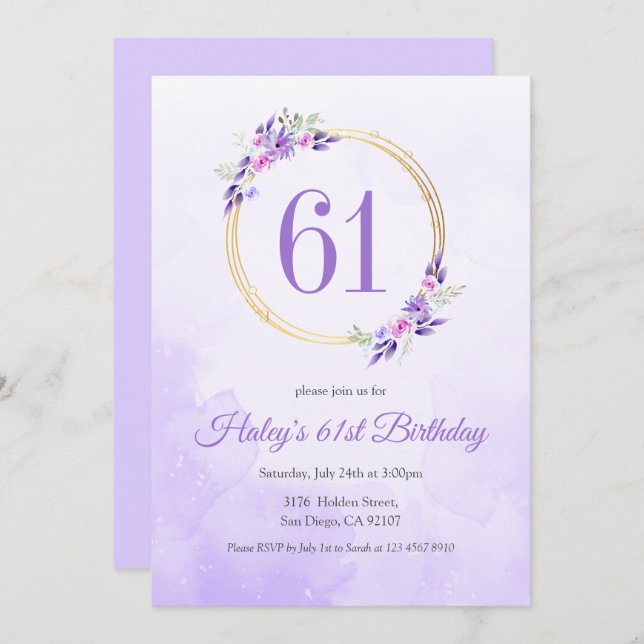 Pastel Purple Floral Golden Wreath 61st Birthday Invitation (Front/Back)