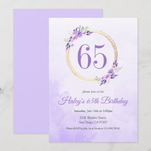 Pastel Purple Floral Golden Wreath 65th Birthday Invitation