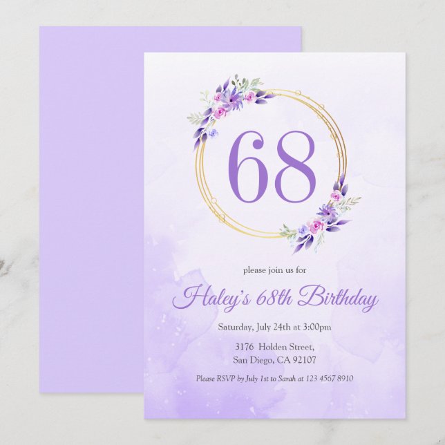 Pastel Purple Floral Golden Wreath 68th Birthday Invitation (Front/Back)