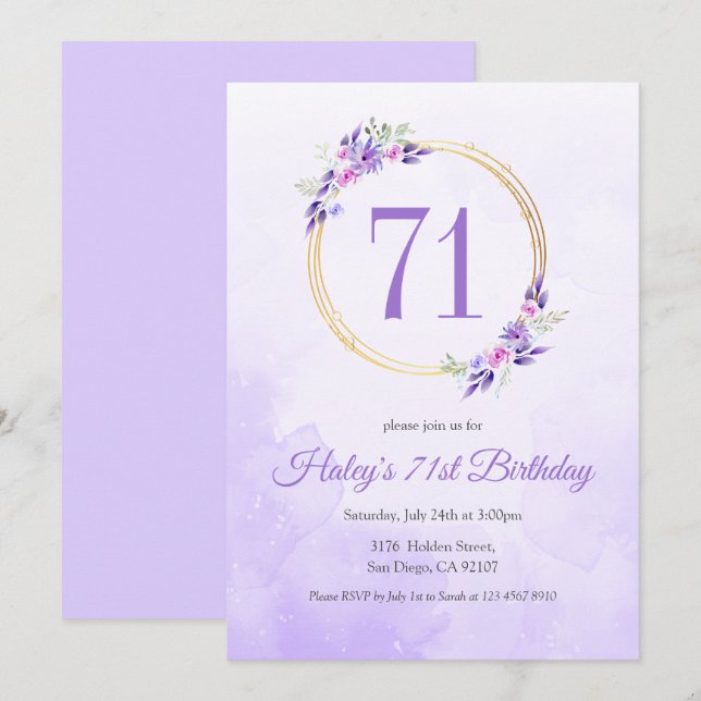 Pastel Purple Floral Golden Wreath 71st Birthday Invitation (Front/Back)