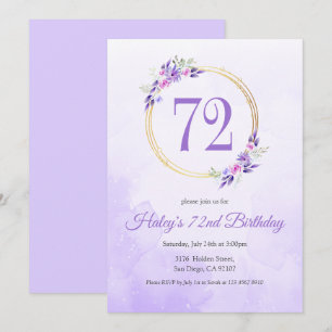 Pastel Purple Floral Golden Wreath 72nd Birthday Invitation