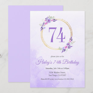 Pastel Purple Floral Golden Wreath 74th Birthday Invitation