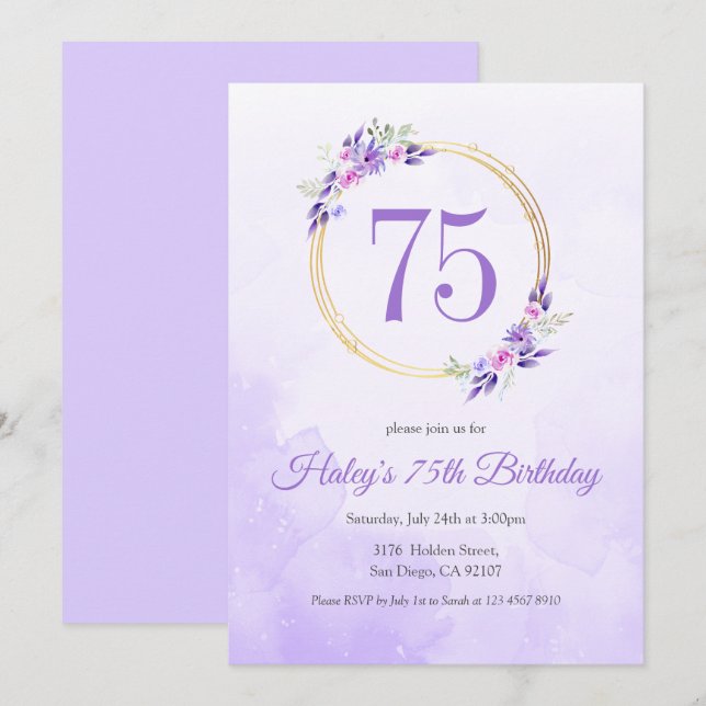 Pastel Purple Floral Golden Wreath 75th Birthday Invitation (Front/Back)