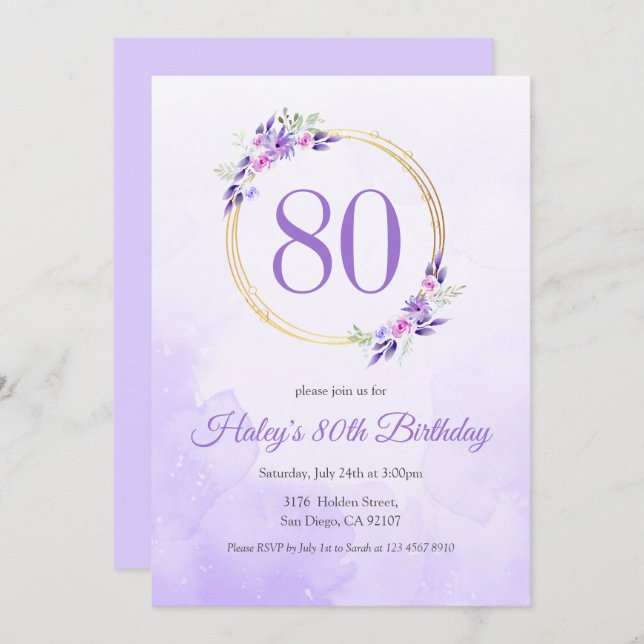 Pastel Purple Floral Golden Wreath 80th Birthday Invitation (Front/Back)