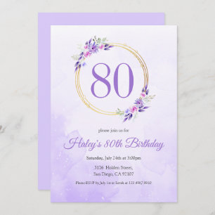 Pastel Purple Floral Golden Wreath 80th Birthday Invitation