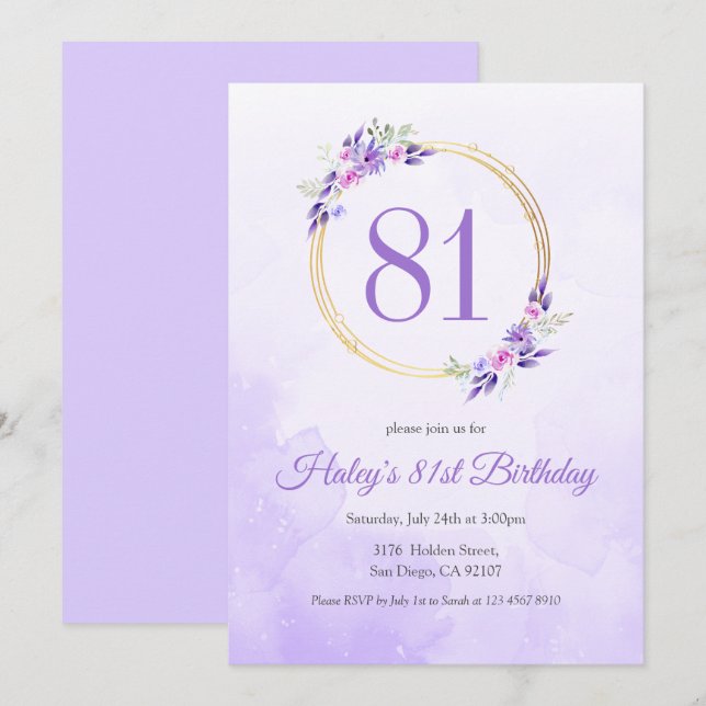 Pastel Purple Floral Golden Wreath 81st Birthday Invitation (Front/Back)