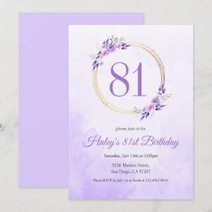 Pastel Purple Floral Golden Wreath 81st Birthday Invitation