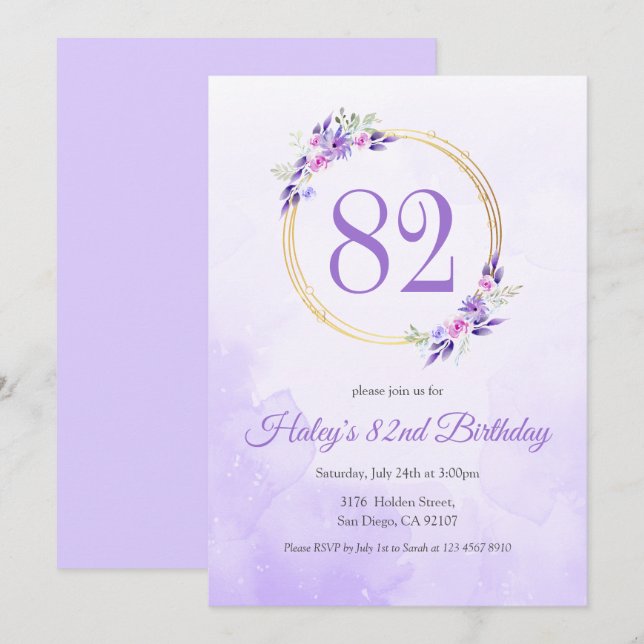 Pastel Purple Floral Golden Wreath 82nd Birthday Invitation (Front/Back)