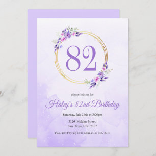 Pastel Purple Floral Golden Wreath 82nd Birthday Invitation