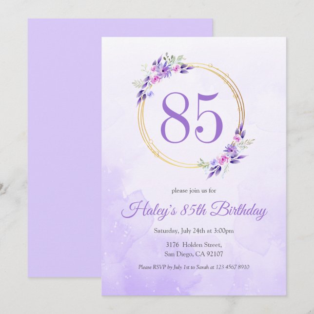 Pastel Purple Floral Golden Wreath 85th Birthday Invitation (Front/Back)