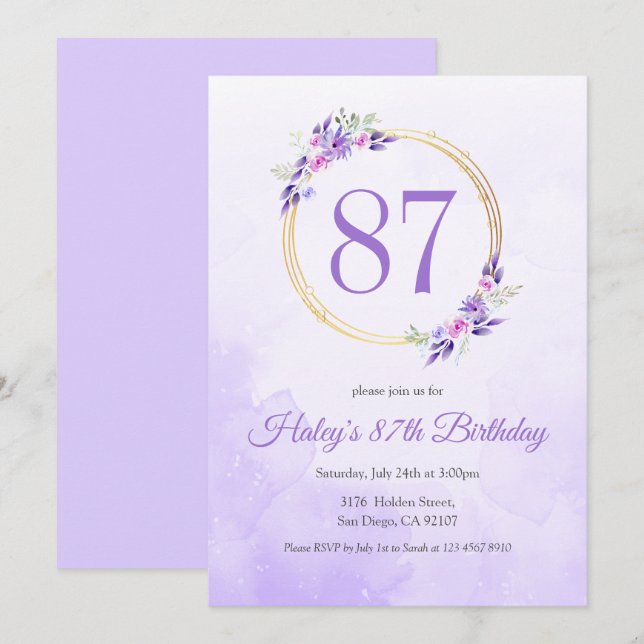 Pastel Purple Floral Golden Wreath 87th Birthday Invitation (Front/Back)
