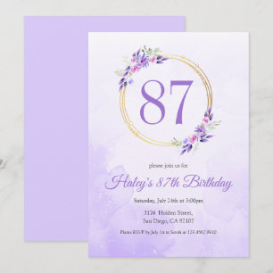 Pastel Purple Floral Golden Wreath 87th Birthday Invitation