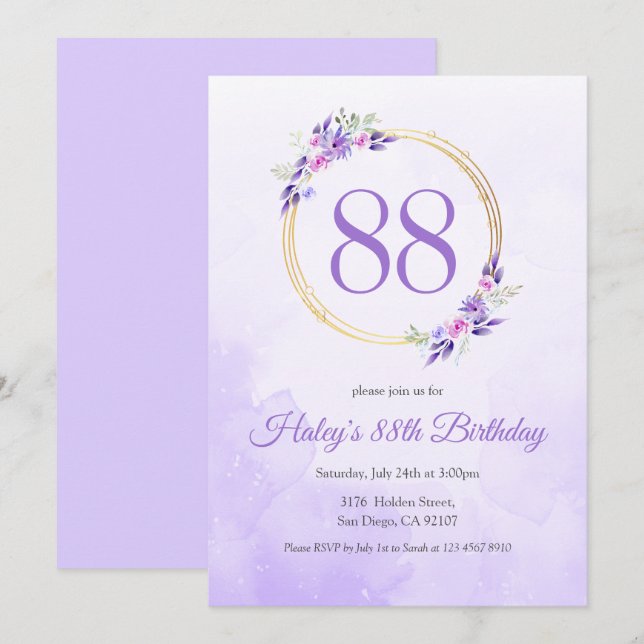 Pastel Purple Floral Golden Wreath 88th Birthday Invitation (Front/Back)