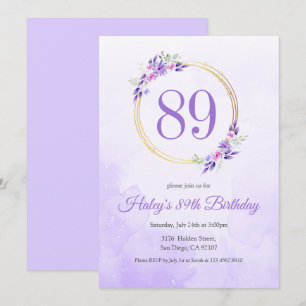 Pastel Purple Floral Golden Wreath 89th Birthday Invitation