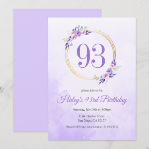Pastel Purple Floral Golden Wreath 93rd Birthday Invitation