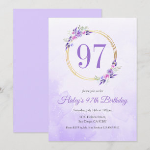 Pastel Purple Floral Golden Wreath 97th Birthday Invitation